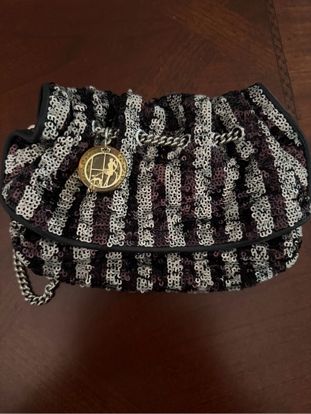 Henri Bendel Black/Brown and Silver Sequined Snap Clutch Chain Strap Purse